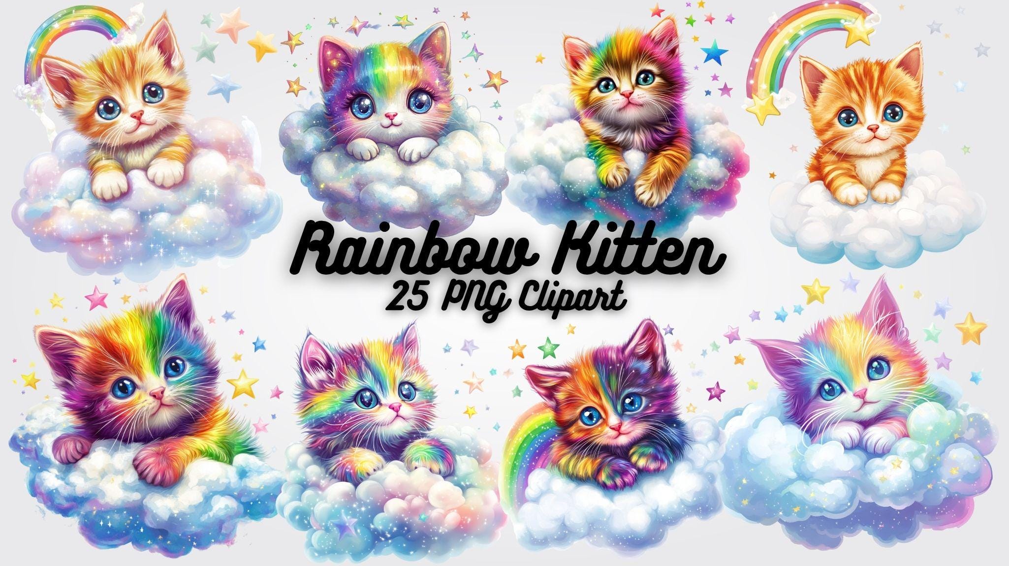 レインボー子猫クリップアート：昇華転写と壁アート用のパステルカラー