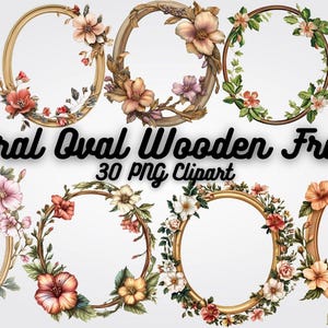 Op de afbeelding: Set van 30 bloemige ovale houten frames met een witte achtergrond. De frames zijn versierd met verschillende bloemen in tinten roze, rood en geel.