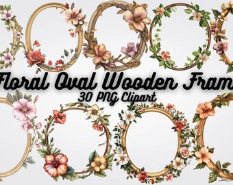 Floral Wooden Frame Clipart: Rustic Oval PNG Graphics (30 Files)