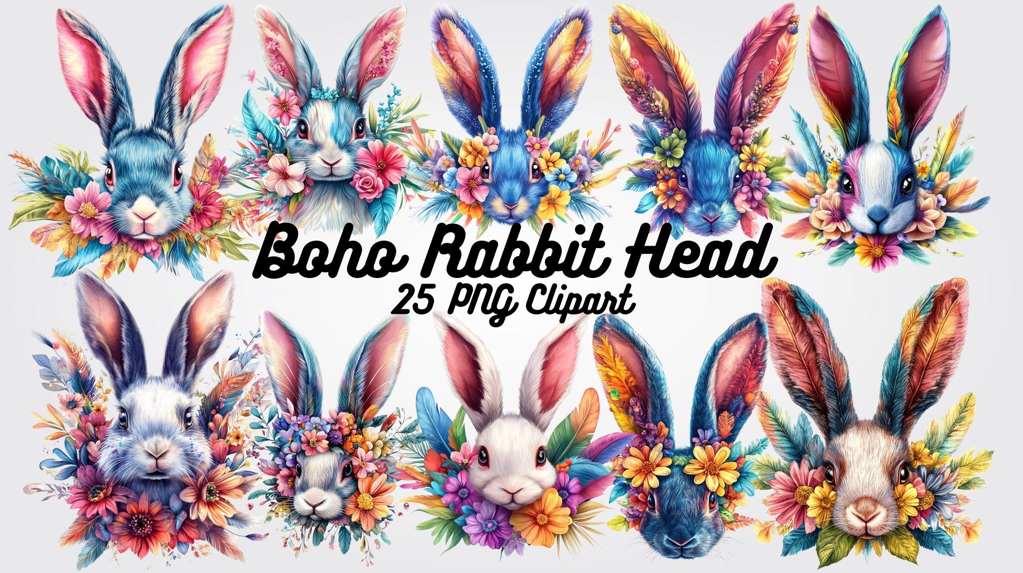 Boho Floral Rabbit Head Clipart: 25 PNG Illustrations (digital Download ...