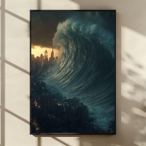 Puede incluir: Una impresión artística enmarcada que representa una enorme ola oceánica estrellándose sobre el horizonte de una ciudad. La obra presenta un contraste dramático entre el cielo oscuro y tormentoso y los edificios iluminados. La ola es una masa arremolinada de agua azul y blanca.