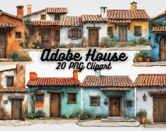 May include: A collection of watercolor illustrations of adobe houses in various colors, including orange, blue, and white. Each house features a wooden door and terracotta tile roof. The text "Adobe House 20 PNG Clipart" is displayed.