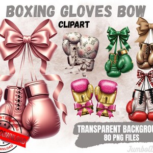 May include: A digital clipart collection featuring boxing gloves paired with decorative bows. The set includes various styles such as metallic pink, floral, green, gold, and red-and-white plaid designs. Text includes BOXING GLOVES BOW CLIPART.