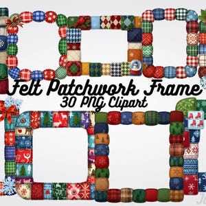 Peut inclure: Plusieurs cadres en patchwork de feutre avec des motifs sur le thème des fêtes. Les cadres présentent divers motifs, notamment des carreaux, des flocons de neige et des sapins de Noël. Le texte "Felt Patchwork Frame 30 PNG Clipart" est affiché.