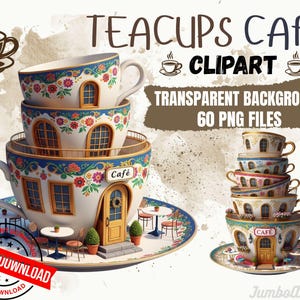 Clipart med tekoppkafé, PNG-illustrationer med vintageblommor och tehus (60 filer)