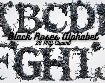 Black Roses Alphabet PNG: Gothic Floral Letters, Clipart (Digital Download 12x12 inches)