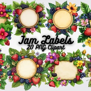 May include: Twenty watercolor illustrations of jam labels featuring various berries, flowers, and leaves. Each label has a blank space for text. The labels are perfect for adding a touch of vintage charm to your homemade jams and preserves.