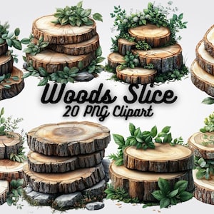 Wood Slice Clipart: Rustic Tree Rings, Watercolor Style (Digital Download PNG Set of 20)