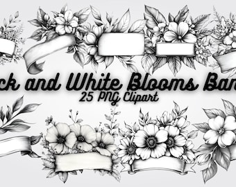 May include: A set of 25 black and white PNG clipart images featuring floral banners. The banners are decorated with hand-drawn flowers and leaves. The banners are blank and can be used for a variety of purposes.