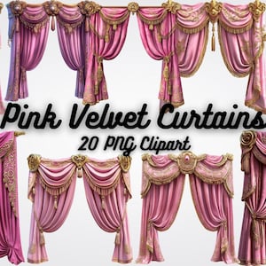 Pode incluir: Coleção de designs de cortinas de veludo rosa com detalhes dourados. A imagem mostra vários estilos de cortinas drapeadas, valances e ferragens decorativas. O texto "Pink Velvet Curtains 20 PNG Clipart" é exibido.