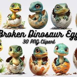 May include: A set of 30 PNG clipart images featuring cute baby dinosaurs hatching from broken eggs. The dinosaurs are green, blue, and yellow with big eyes and smiling faces. The eggs are cracked and broken, revealing the baby dinosaurs inside.