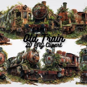 May include: A digital artwork featuring several old steam trains, heavily rusted and overgrown with vegetation. The trains are in various states of disrepair. The image includes the text "Old Train 20 PNG Clipart".