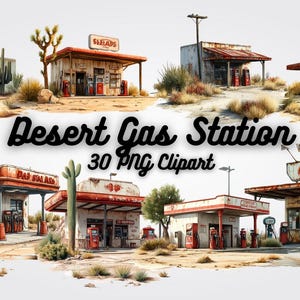 Desert Gas Station Clipart, 30 Retro Roadside Gas Pump Illustrations for Sublimation, Digital Art, Wall Prints, Invitations