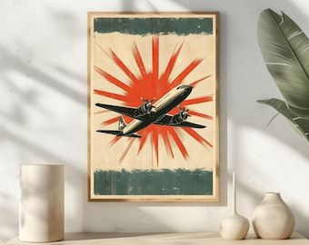 Retro Aviation Poster: Mid-Century Airplane Sunburst Print (Digital Download)