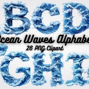 Alfabeto de olas del océano, letras PNG con salpicaduras de agua, letras de ondas de agua, ilustraciones náuticas de alta calidad para invitaciones e impresiones