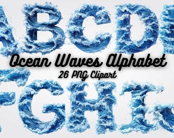 Könnte beinhalten: Ozeanwellen-Alphabet, ein Satz von 26 PNG-Clipart-Bildern, die jeden Buchstaben des Alphabets zeigen, der aus blauen Ozeanwellen gebildet wird.