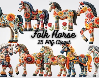 Dala Horse Clipart: Swedish Folk Art PNGs (12x12 inch Digital Download