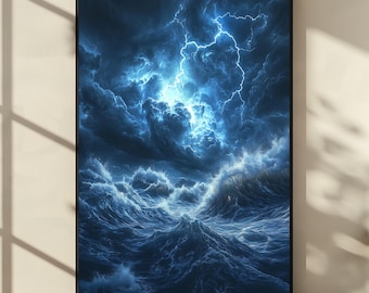 Tempest Ocean Print: Electric Blue Lightning Storm Seascape (Digital Download)