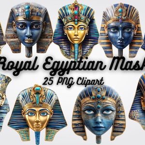 Royal Egyptian Mask Clipart, Egypt Clipart,  25 Ancient Pharaoh Face, Gold Mask, Cleopatra, Egyptian Art for Invitations,Sublimation,Digital