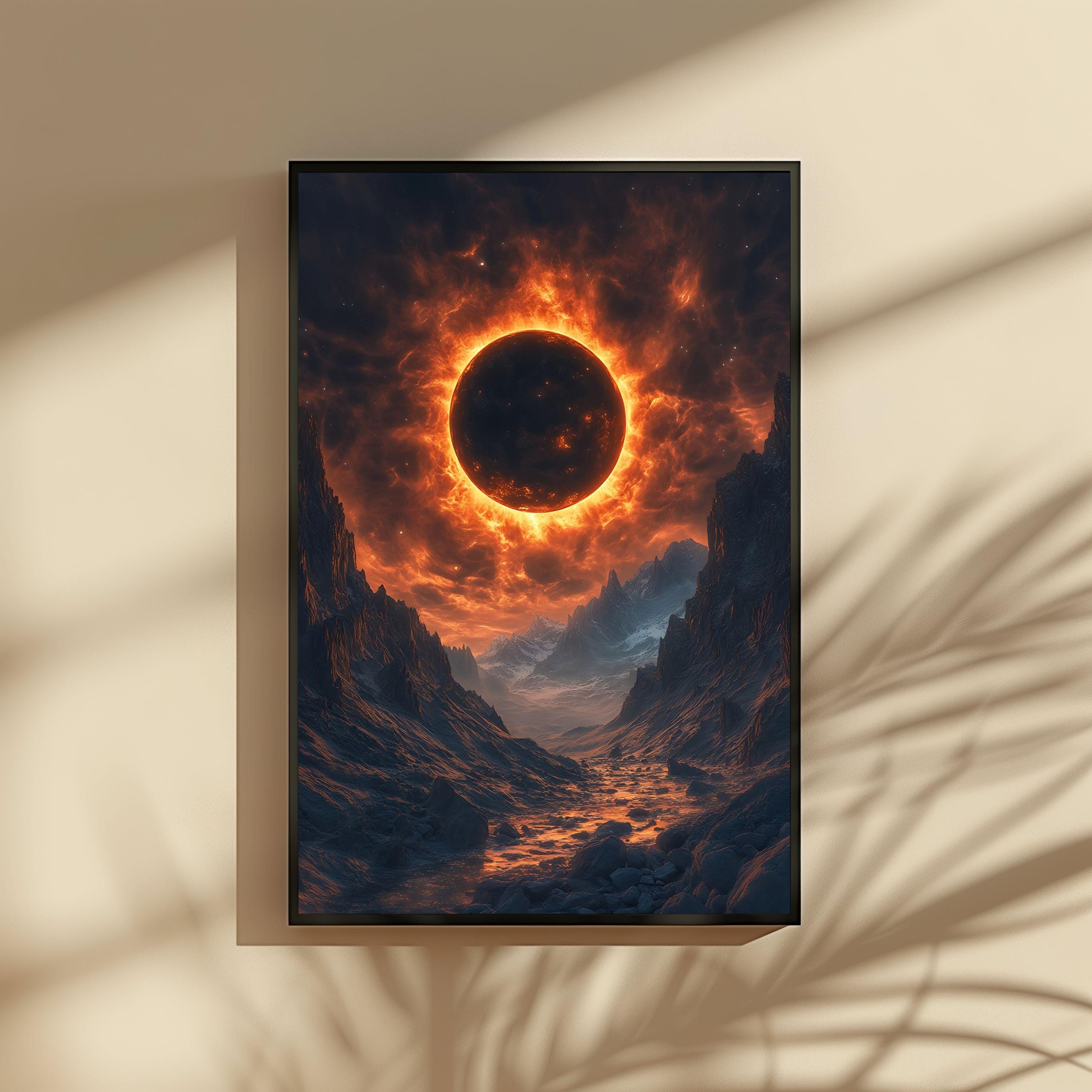Solar Eclipse Mountain Valley Print: Celestial Wall Art (JPG
