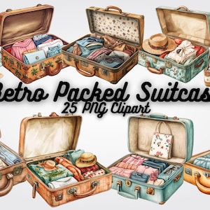 Vintage Suitcase Clipart: Retro Travel, Watercolor Luggage (25 PNG)