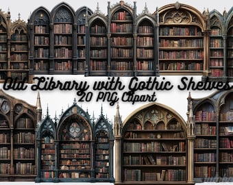 Gothic Bookshelves Clipart: Dark Academia Library PNG (Digital Download)