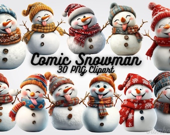 Funny Snowman Clipart PNG: 30 Holiday Cartoon Graphics (Digital Prints)