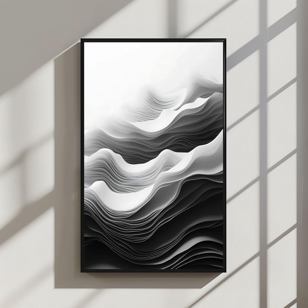 Abstract Waves in Monochrome, Minimalist Black & White Flowing Lines ...