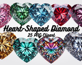 May include: A set of 25 heart-shaped diamond clipart images in various colours, including pink, green, blue, red, gold, teal, and purple.