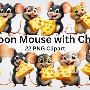 Cartoon Mouse with Cheese Clipart, Cute Mouse PNG, Little Mouse with Cheese, Illustrations for Invitations, Prints & Digital Designs