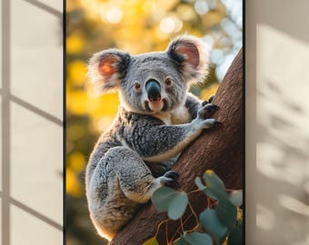 Impresión de un koala en un eucalipto: Fotografía realista de la fauna australiana (descarga digital)