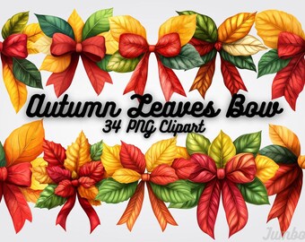 Autumn Leaf Bow Clipart: 34 Fall Leaves PNG Graphics (Digital Download)
