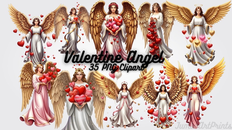 Valentine Angel Clipart - Elegant Angel PNG, Golden Wings Hearts ...