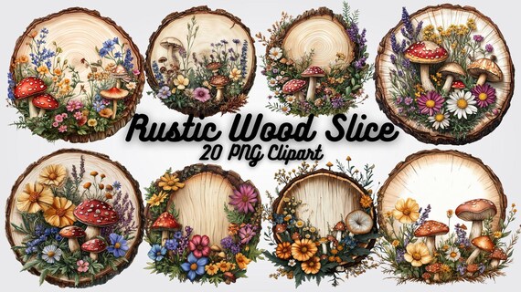 Rustic Wood Slice Clipart: Watercolor Floral Mushroom PNG (Digital Download)