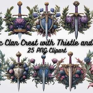 May include: A series of heraldic clan crests, each with a sword, shield, and thistle motif. The shields display detailed patterns and are framed by floral arrangements. The text reads "Historic Clan Crest with Thistle and Sword 25 PNG Clipart".