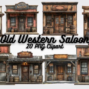 Könnte beinhalten: Eine Sammlung von 20 digitalen Clipart-Bildern von alten Western-Saloon-Fronten. Die Bilder sind im PNG-Format und zeigen verschiedene Saloon-Namen wie "Soler", "Bort Toc" und "Cawl Cont".