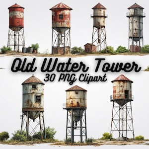 Vintage Water Tower Clipart: 30 Rustic Industrial PNG Illustrations (Digital Download)