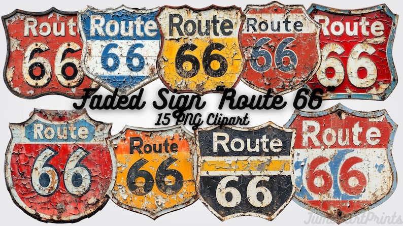 Route 66-skylt Clipart: Vintage Americana PNG (digital nedladdning) bild 1