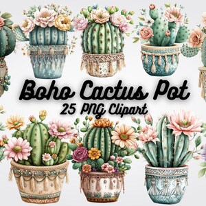 Puede incluir: Un conjunto de 25 imágenes de clipart digitales que presentan ilustraciones de acuarela de plantas de cactus en macetas de estilo boho. Las macetas están decoradas con borlas, cuentas y patrones intrincados. Las plantas de cactus son de varios tonos de verde y tienen flores rosas, blancas y amarillas.