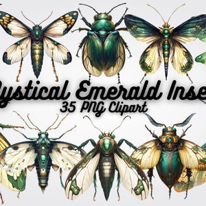Mystical Emerald Insect Clipart PNG, Green Bug Digital Art, Magical Beetles, Fantasy Insect Graphics for Stickers, Prints, Crafts