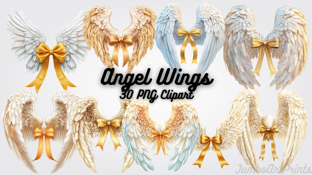 Angel Wings Clipart: Gold Ribbon, Celestial PNG (digital Download ...