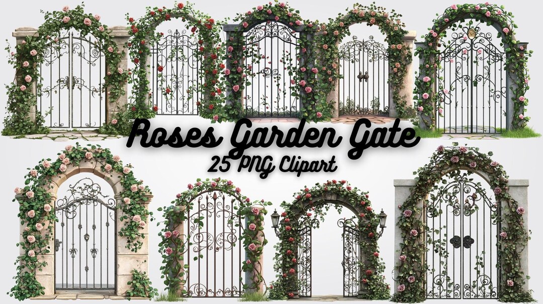 Roses Garden Gate Clipart, 25 PNG Romantic Floral Gates for Wedding ...