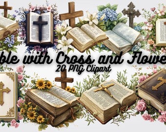Floral Bible Cross PNG Clipart, Christian Digital Art (Digital Download)