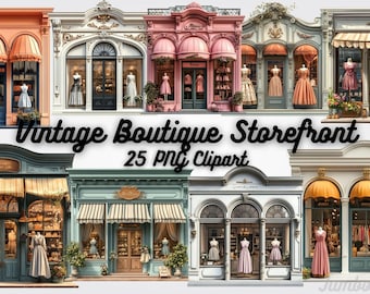 Vintage Boutique Storefront Clipart: 25 Retro Shop PNGs (12x12 Digital Download)