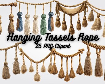Clipart de cuerda con borlas bohemias: Gráficos PNG de macramé (descarga digital)