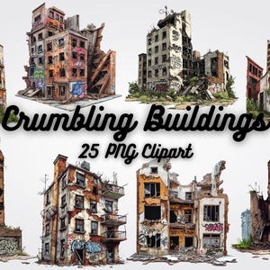 Puede incluir: Una colección de 25 imágenes de clipart digital que presentan edificios en ruinas con grafitis y vegetación en crecimiento. Los edificios están en varios estados de deterioro, con ventanas rotas, pintura descascarada y ladrillos expuestos. Las imágenes son perfectas para agregar un toque de decadencia urbana a tus proyectos.