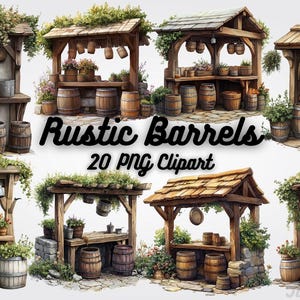 Op de afbeelding: Digitale clipart met rustieke houten structuren met vaten, planten en decoratieve elementen. De afbeelding bevat de tekst "Rustic Barrels 20 PNG Clipart". De structuren hebben houten daken en zijn versierd met groen.