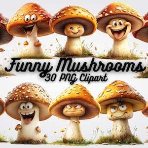 May include: A selection of cartoon mushrooms with animated faces. The mushrooms feature orange and brown caps with white spots, set against a grassy backdrop. Text reads "Funny Mushrooms 30 PNG Clipart."