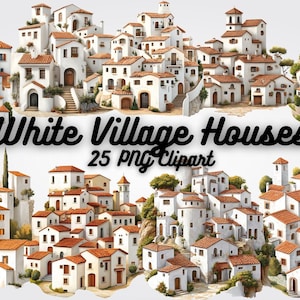 Peut inclure: Illustration à l'aquarelle de maisons de village blanches avec des toits en tuiles orange. L'image comprend plusieurs groupes de bâtiments, avec le texte "White Village Houses 25 PNG Clipart".