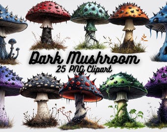 Dark Mushroom Clipart PNG: Gothic Fantasy Digital Art (12x12, 300 DPI) (Digital Download